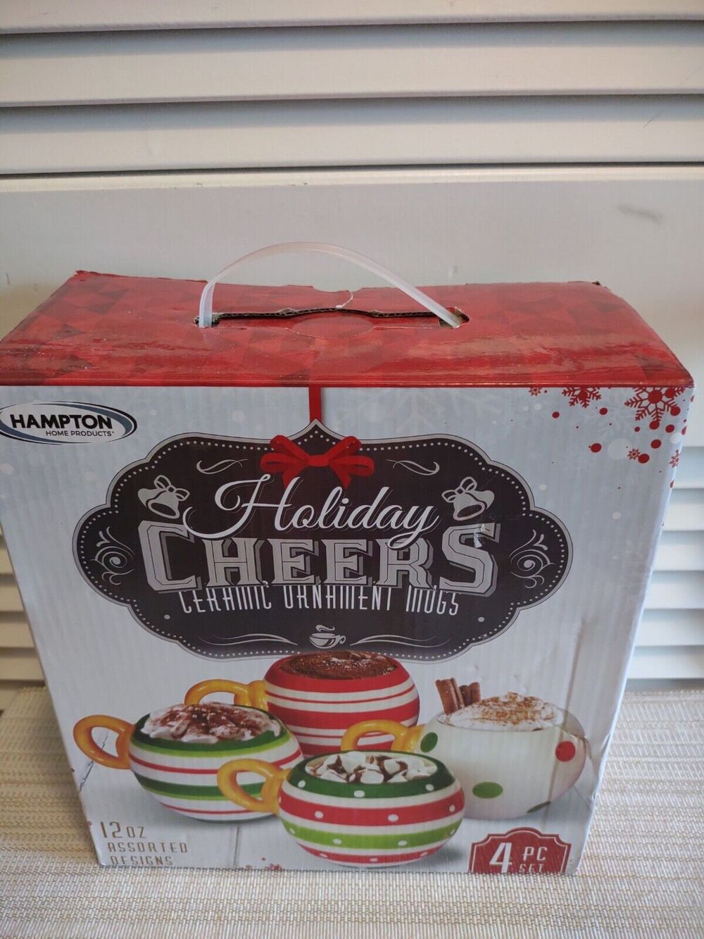 Hampton Home Products Christmas Holiday Cheers Ceramic Ornament Mugs 4 pc set